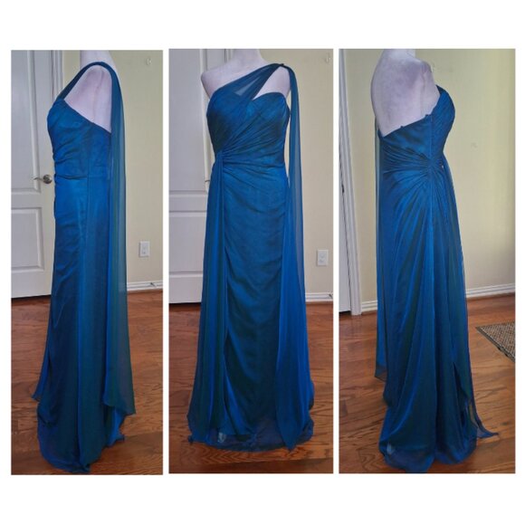 FAVIANA Draped One Shoulder Evening Gown Sz 10 Teal Prom Pageant Slit Black Tie - Picture 1 of 17
